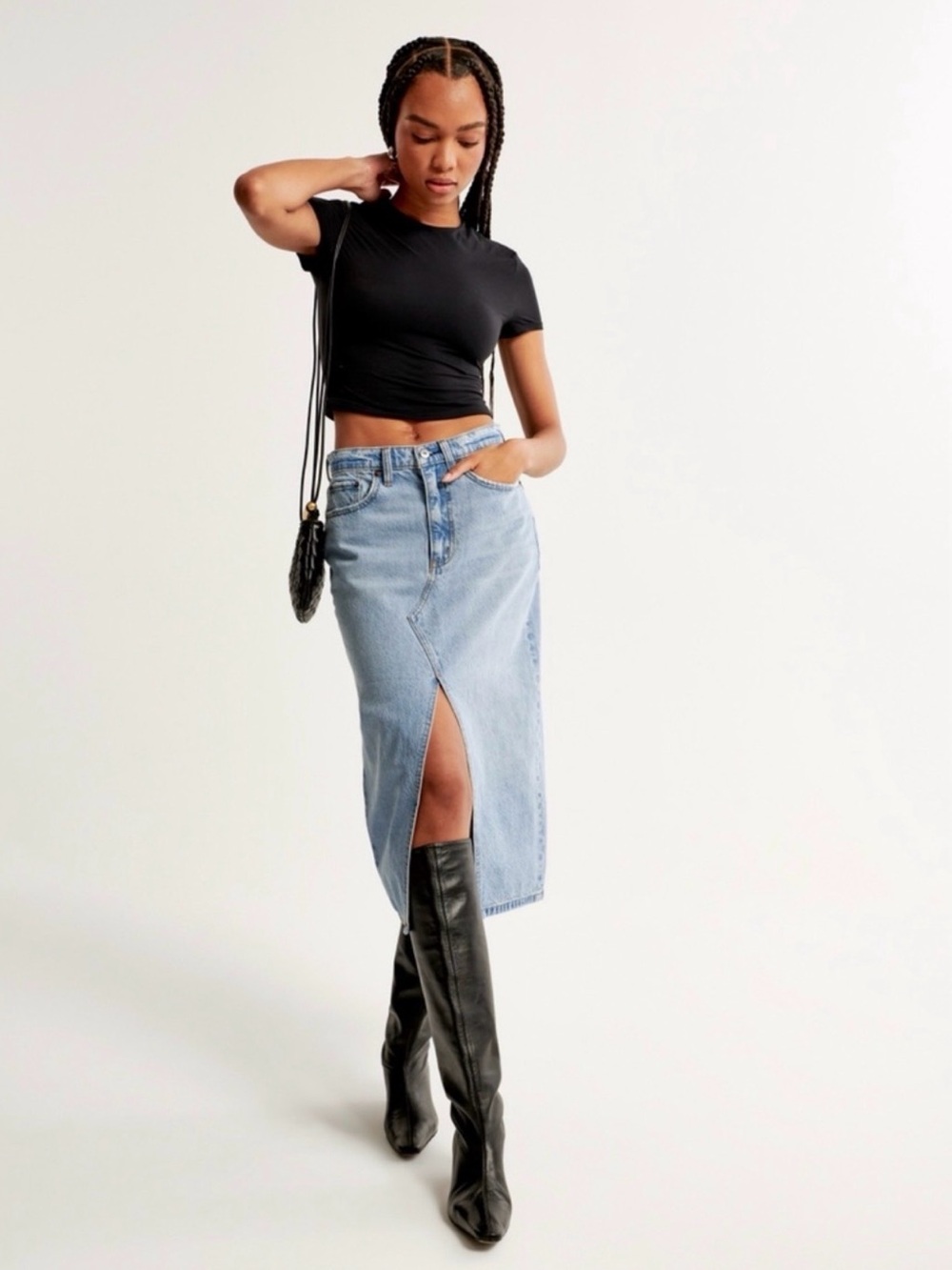 Abercrombie & Fitch Light Blue Denim Midi Skirt with Front Slit